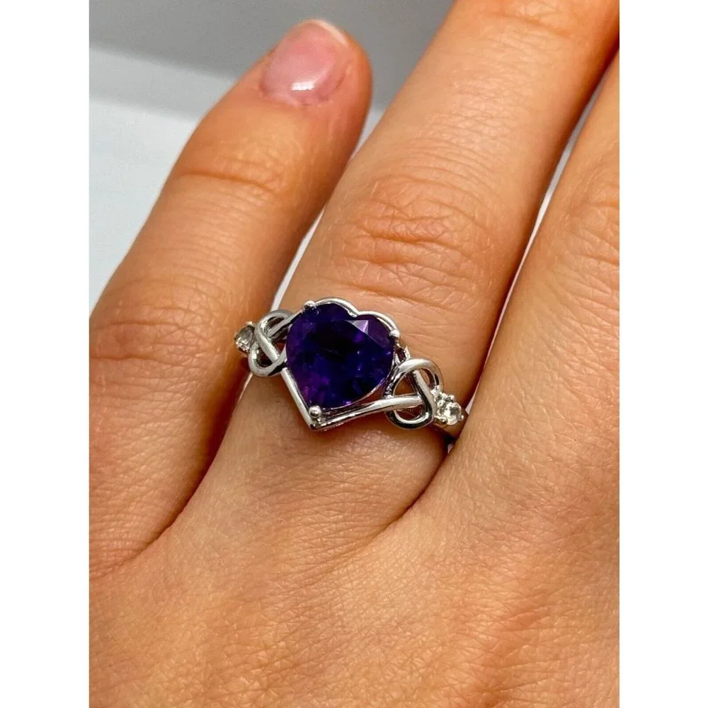 925 STERLING SILVER AMETHYST & GOSHENITE HEART RING SIZE 6